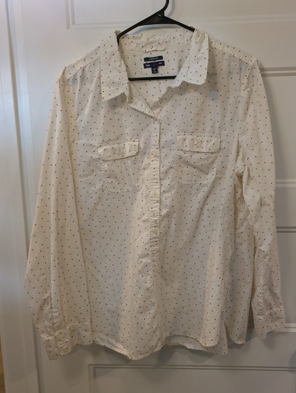Cream Button-Down Shirt with Tiny Navy Dot Print
